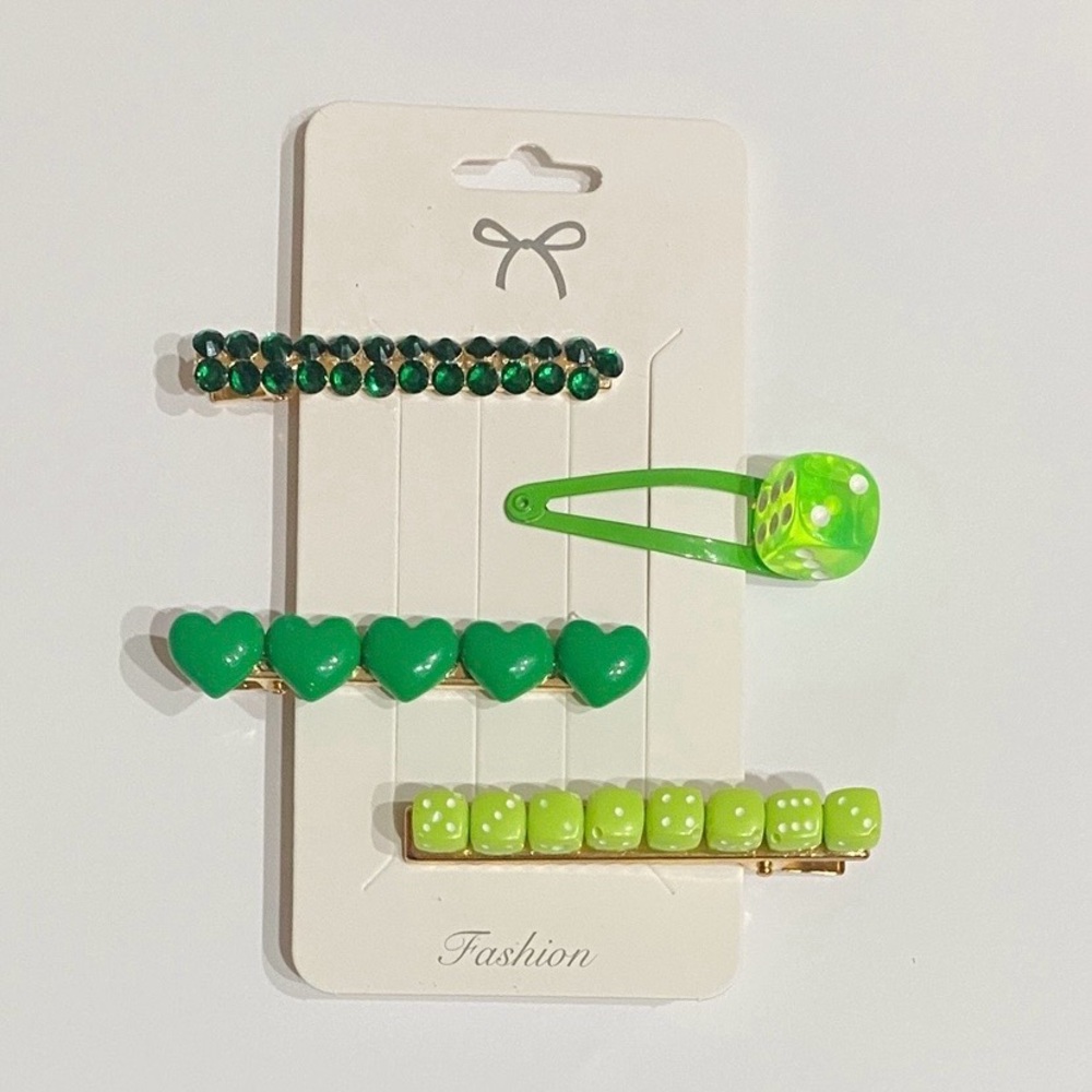 Y2K Green Dice & Heart Hair Clip Set – 4pc